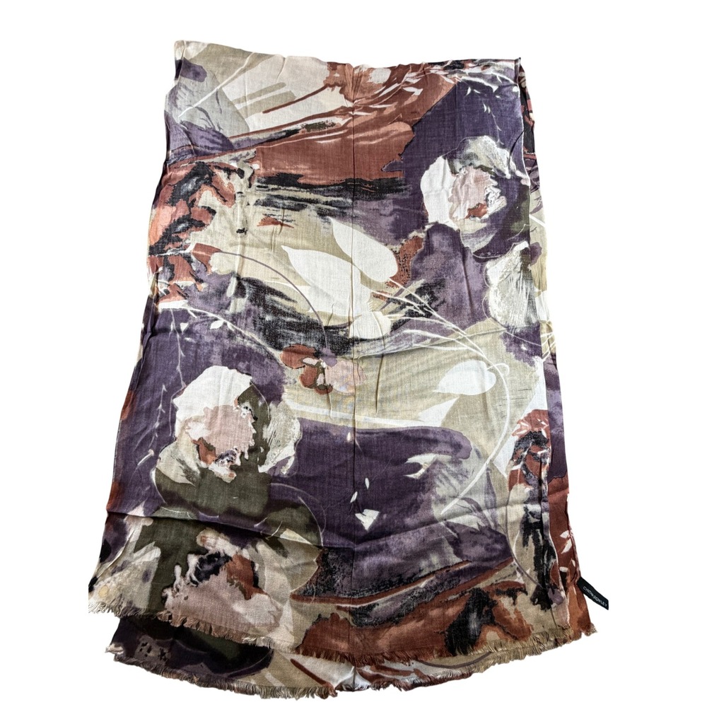 Cynthia Rowley Floral Abstract Scarf Purple Brown Frayed Edge Lightweight Wrap